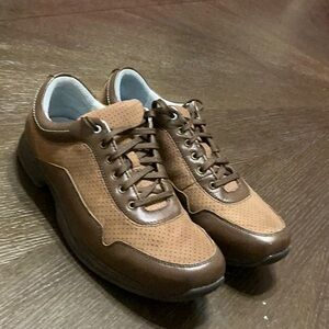 Brown Leather Perforated Sneakers Casual Comfort Shoes Walking‎